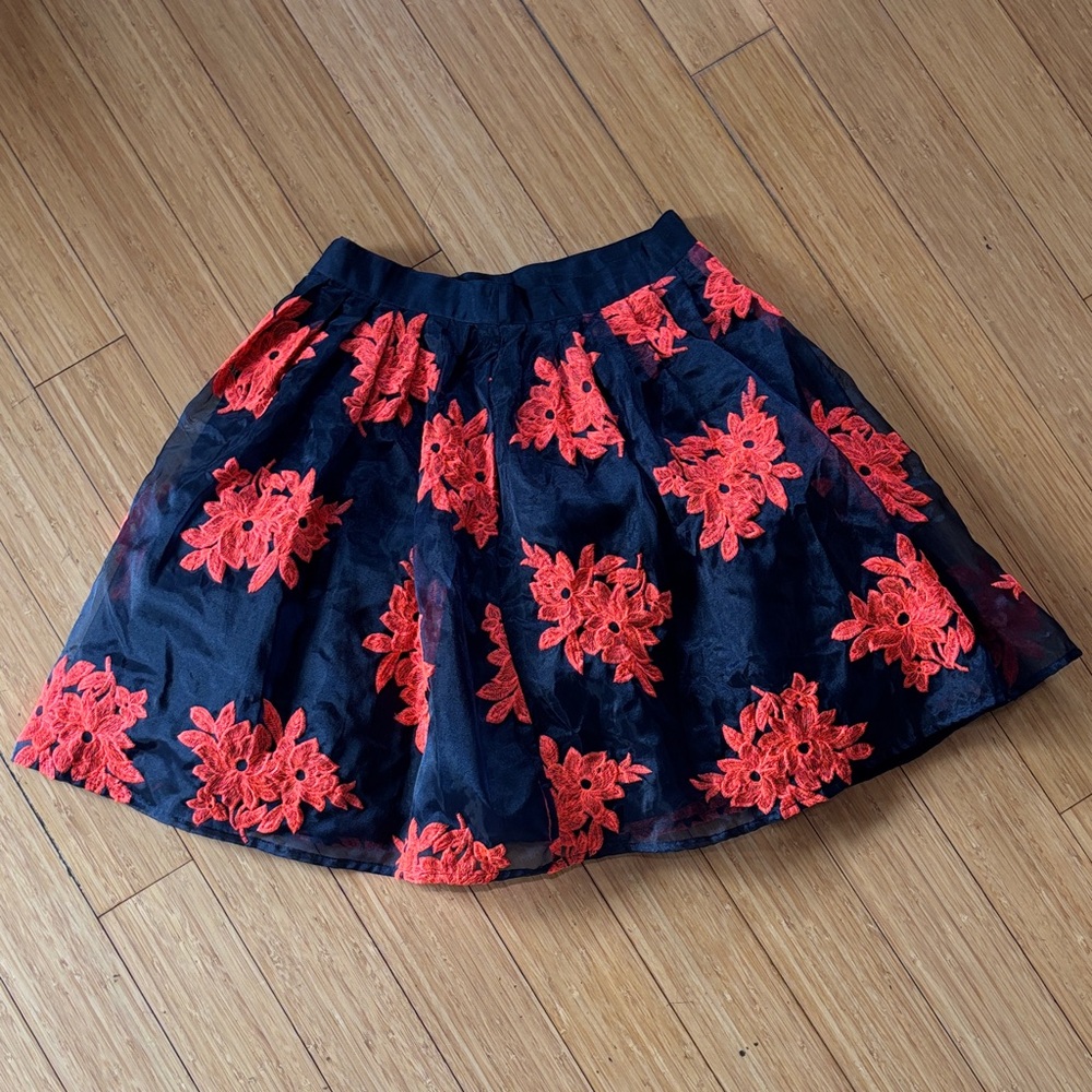 Maeve Anthropologie Navy Skirt with Red Floral Embroidery